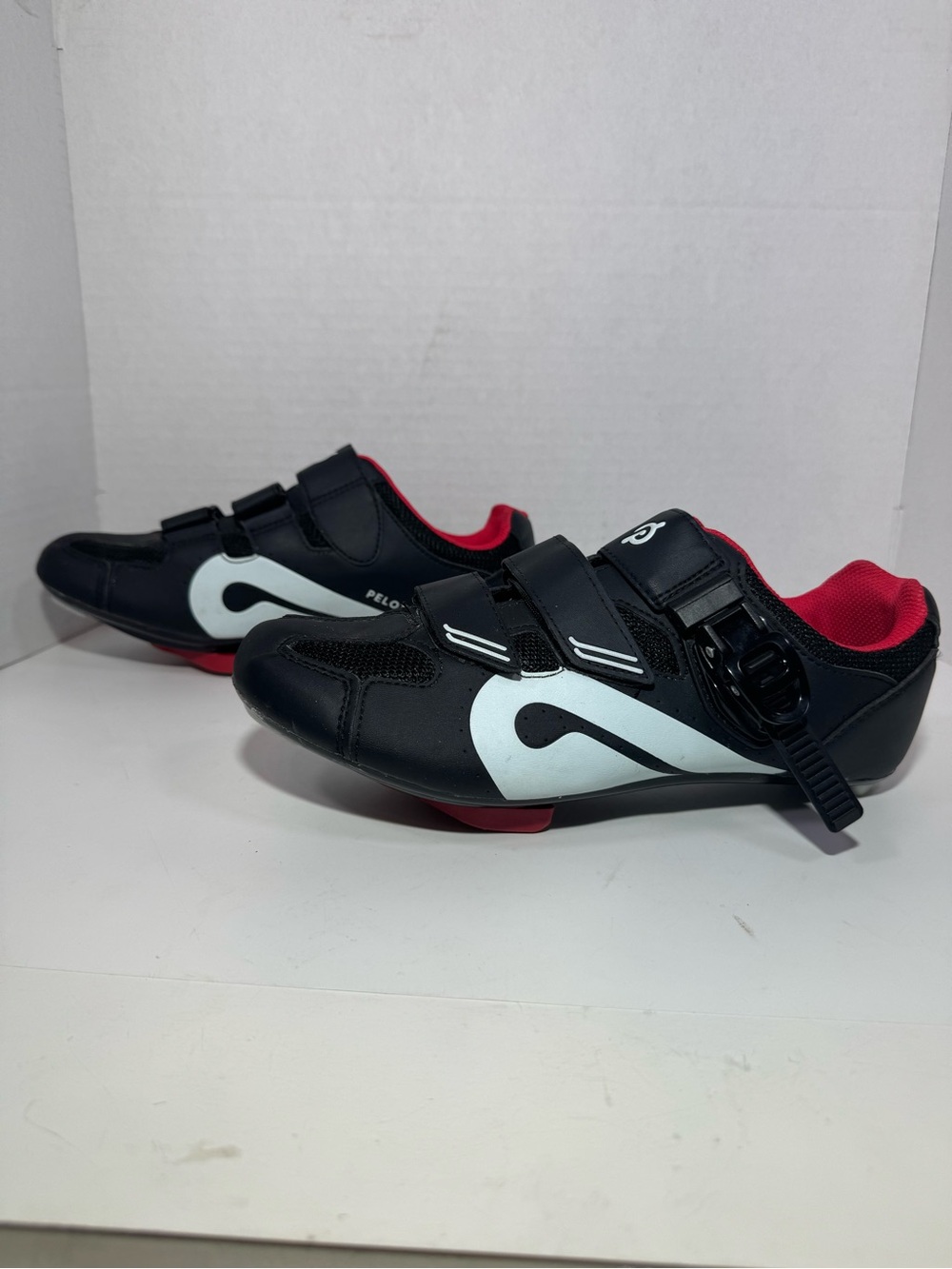 Peloton Men's Black Cycling Shoes with White Accents and Red Interior